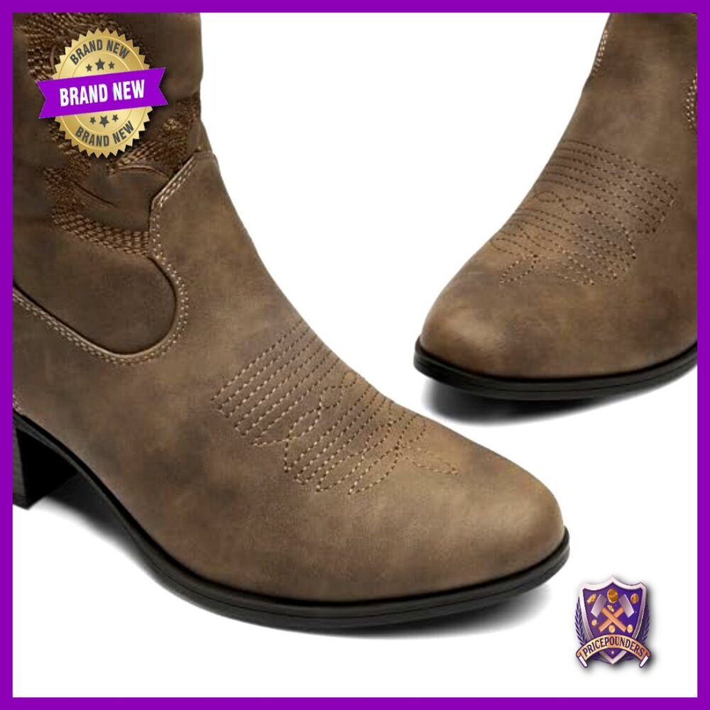 Western Cowgirl Ankle Boots Embroidered Chunky Heel Round Toe Fashion Booties - Picture 5 of 7